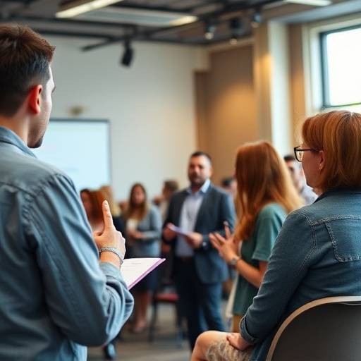 Participantes em um curso de orat√≥ria praticando apresenta√§√µes e recebendo feedback construtivo.